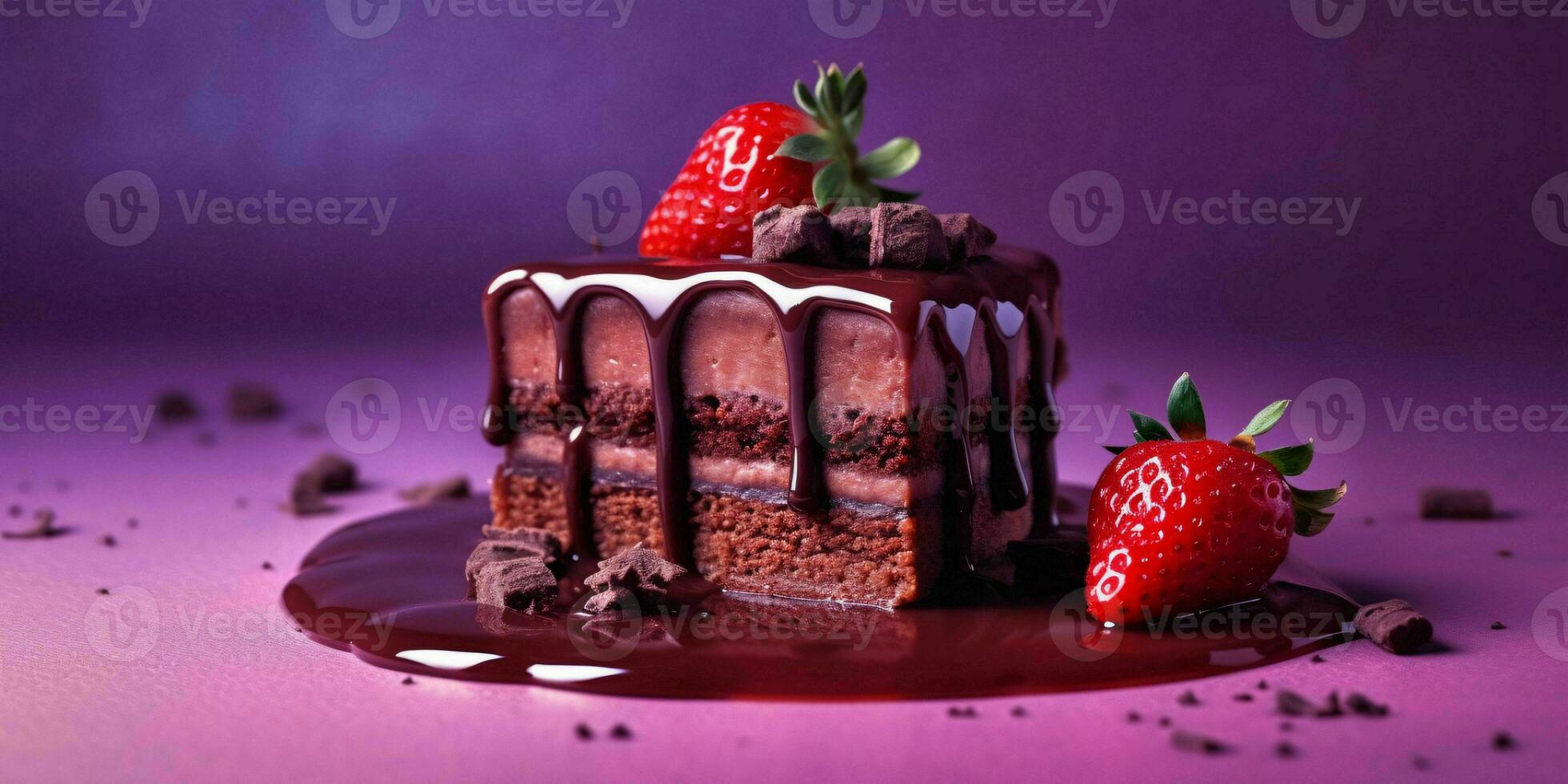A Piece of Chocolate Cake with Melted Chocolate and Strawberries on Purple Background. Generative AI photo