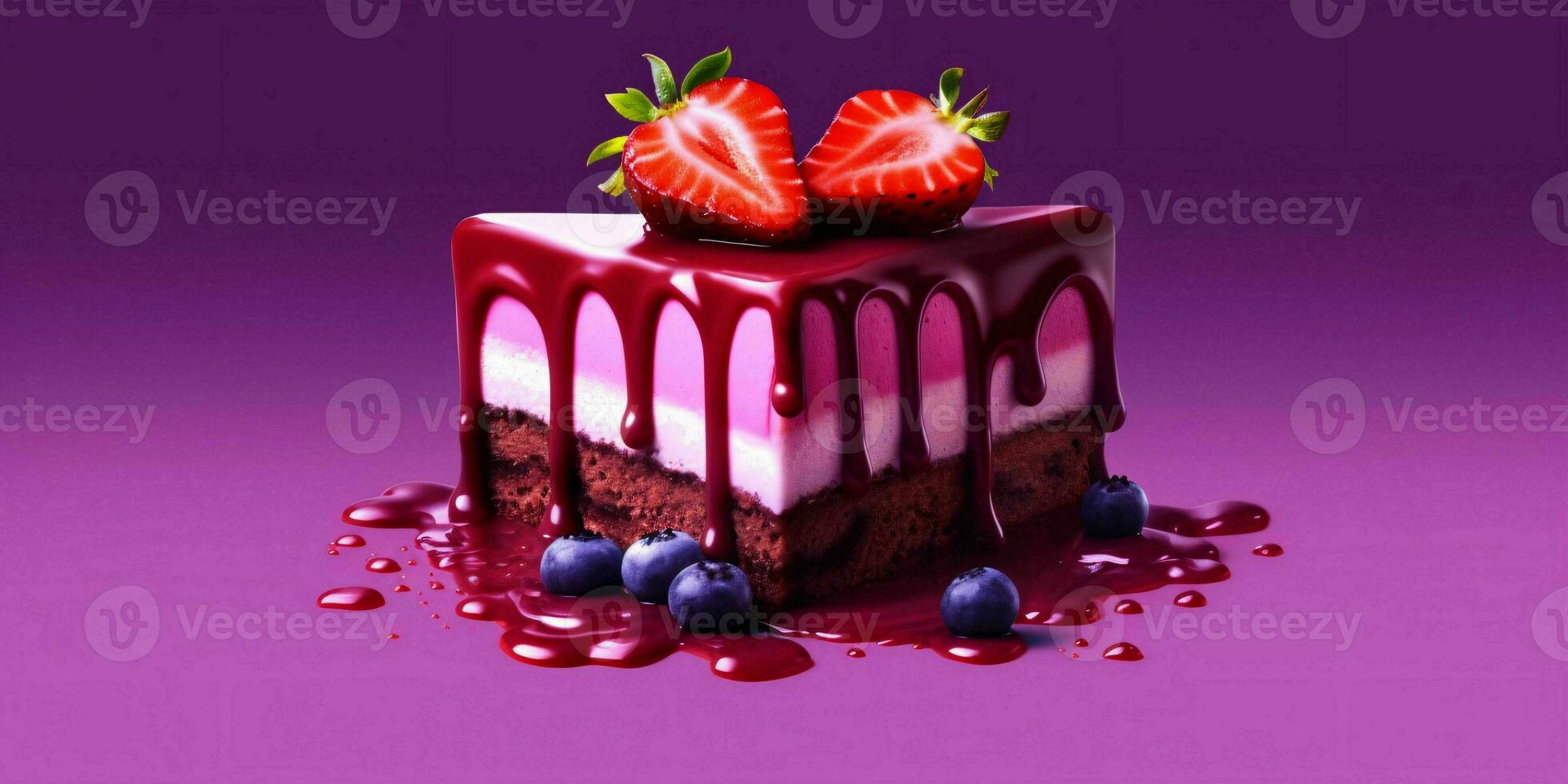 A Piece of Chocolate Cake with Melted Chocolate and Strawberries on Purple Background. Generative AI photo