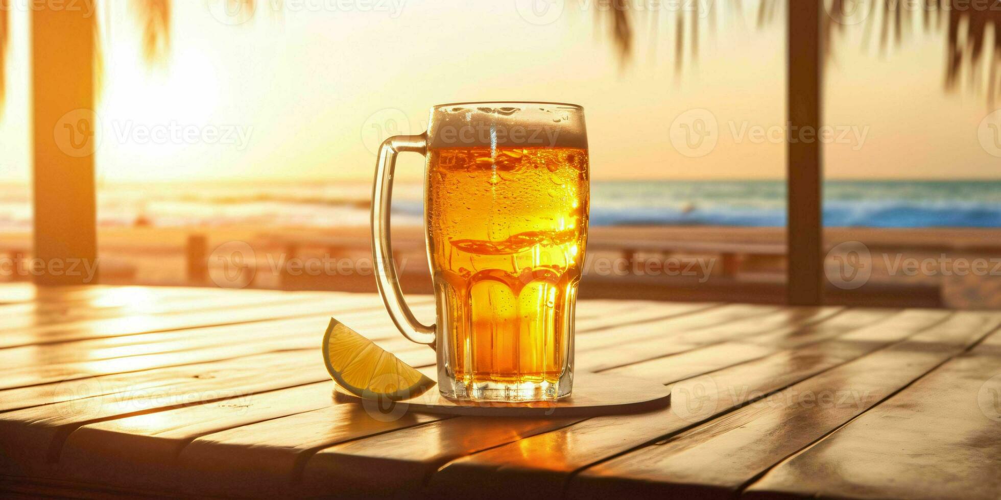 Fresh Beer on a Wooden Table with Beach View. Generative AI photo