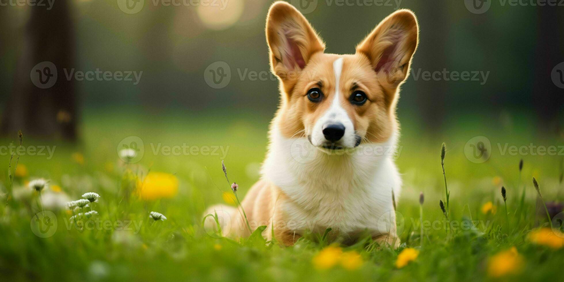 Welsh Corgi Dog on Grass Background. Portrait of Cute Dog in The Park. Generative AI photo
