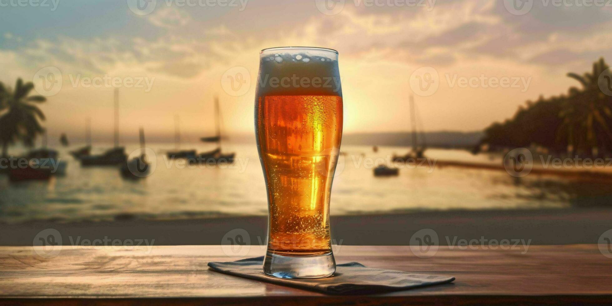 Fresh Beer on a Wooden Table with Beach View. Generative AI photo