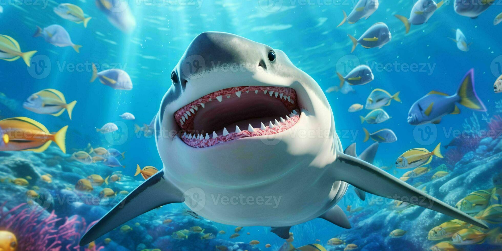 Smiling Shark Illustration Underwater in Cartoon Style. Fish Portrait. Generative AI photo