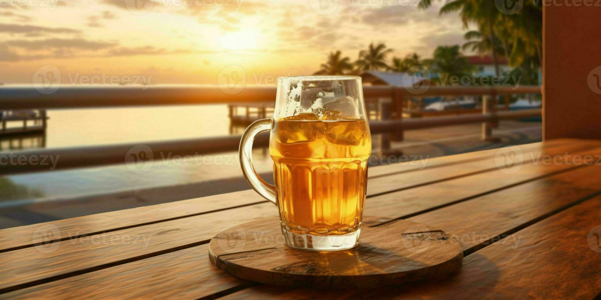 Fresco cerveza en un de madera mesa con playa vista. generativo ai foto