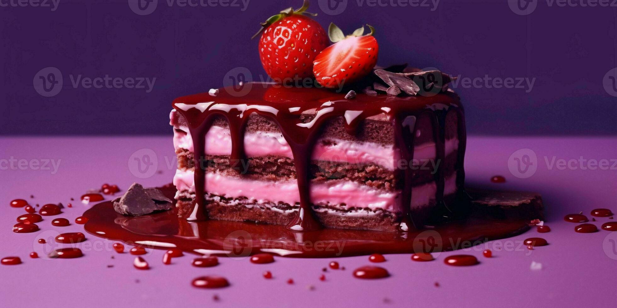 un pedazo de chocolate pastel con Derretido chocolate y fresas en púrpura antecedentes. generativo ai foto