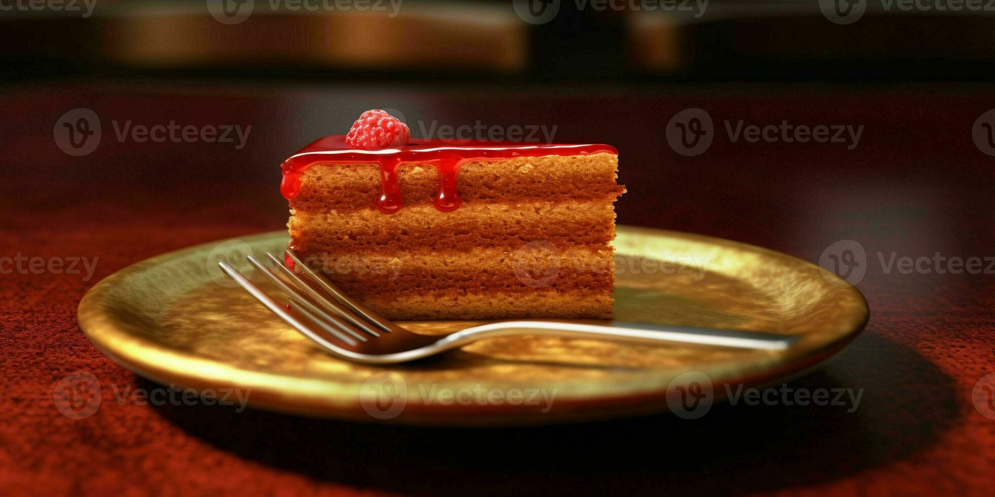 un delicioso rebanada de rojo pastel en un dorado lámina. generativo ai foto