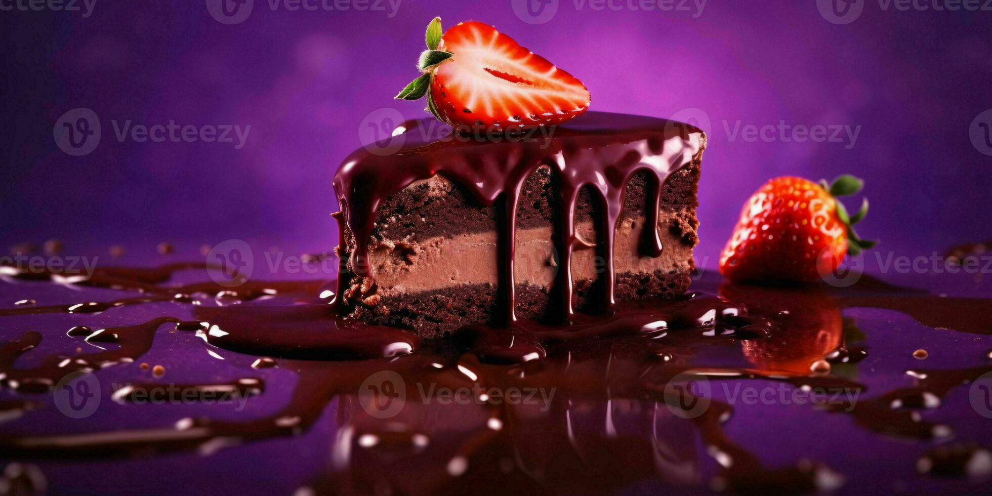 A Piece of Chocolate Cake with Melted Chocolate and Strawberries on Purple Background. Generative AI photo