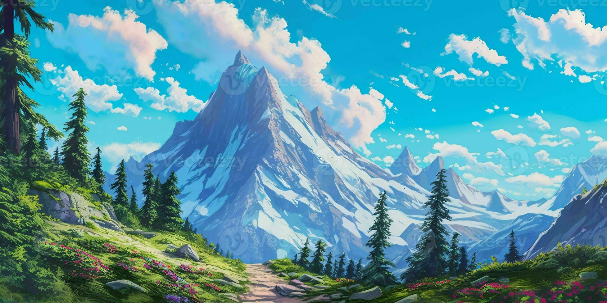 ilustración de un enorme montaña paisaje con arboles debajo. generativo ai foto