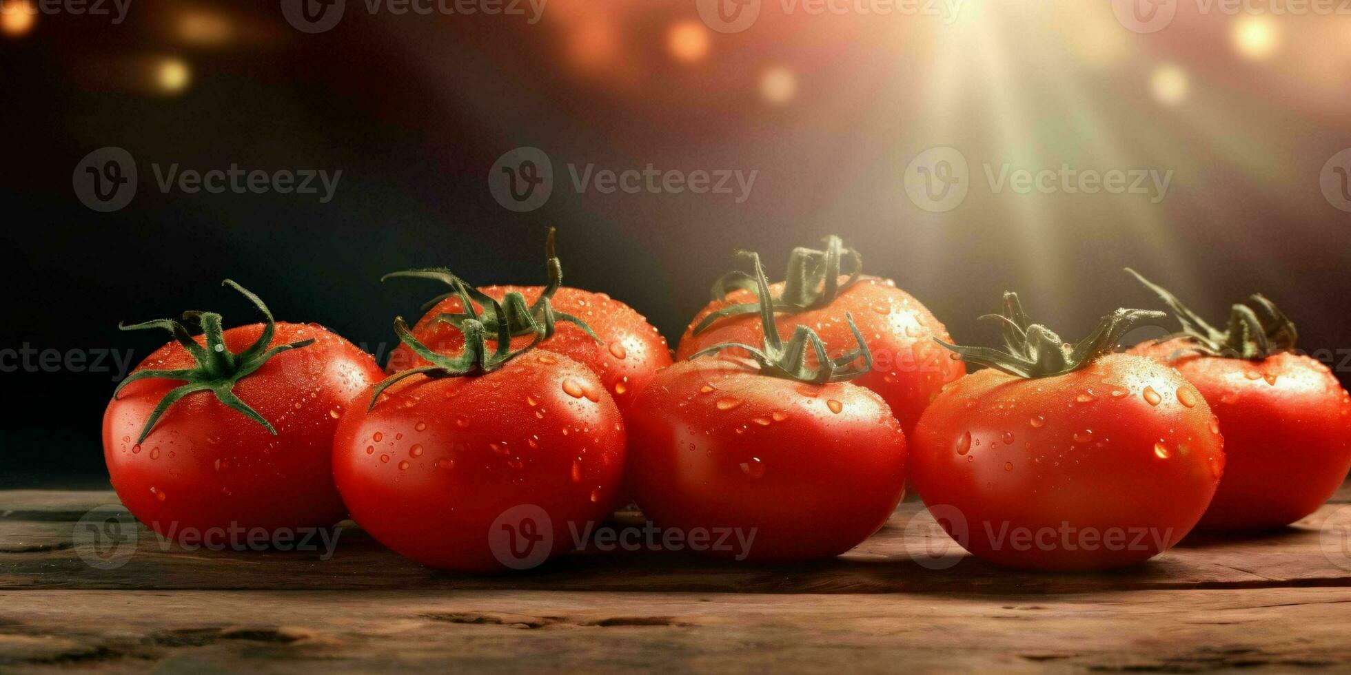 Fresco rojo Tomates con agua gotas en de madera mesa. generativo ai foto