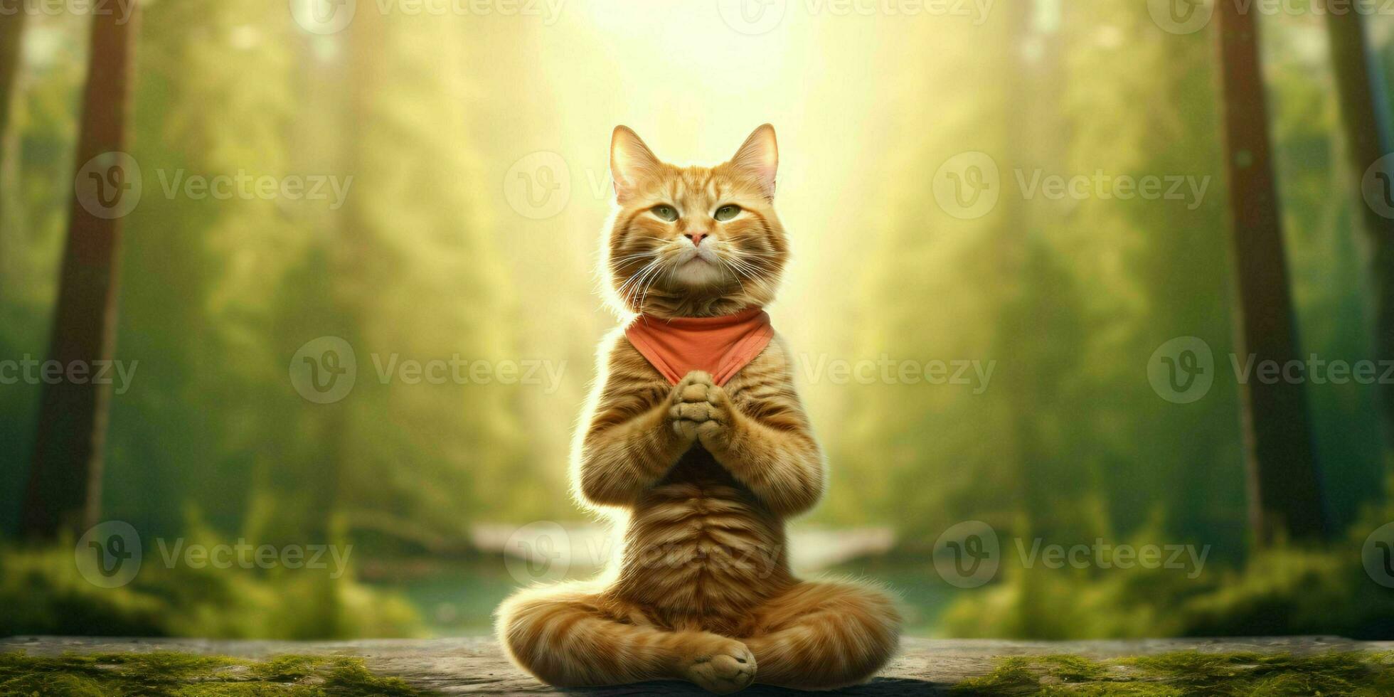 A Cat Meditates in the Forest. Cat with Namaste Pose. Generative AI photo