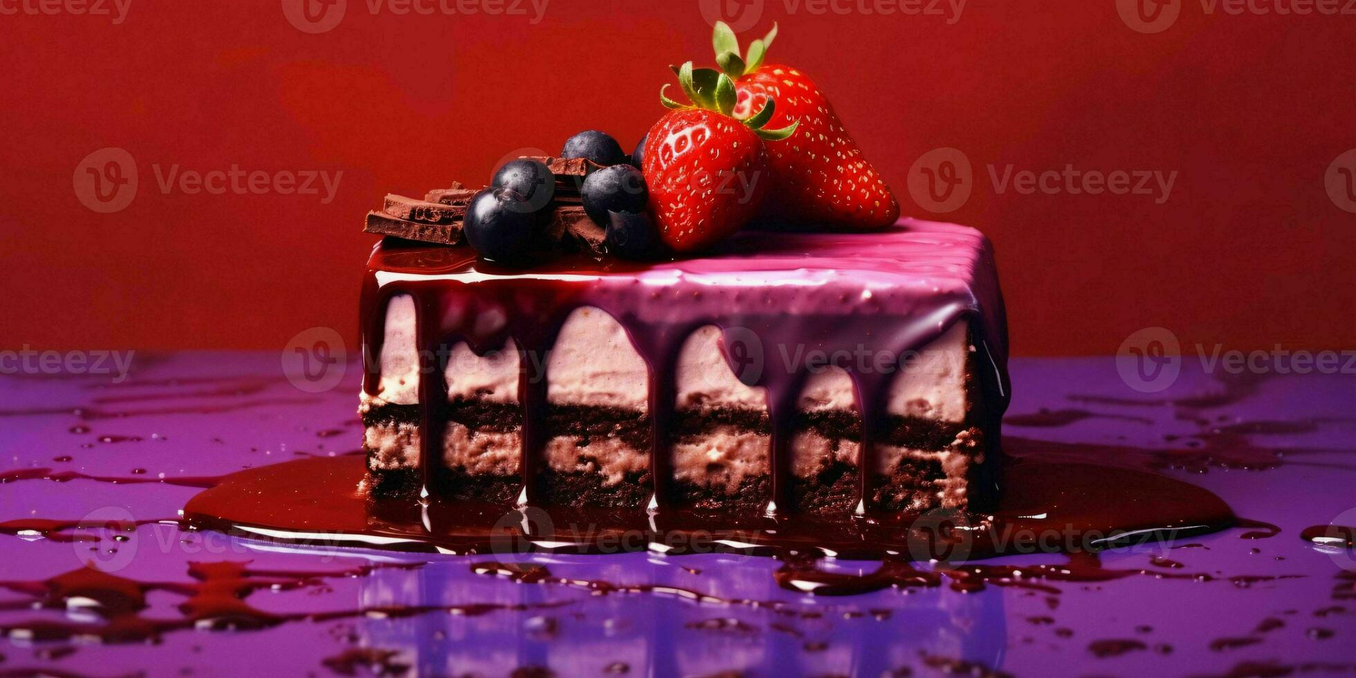 un pedazo de chocolate pastel con Derretido chocolate y fresas en púrpura antecedentes. generativo ai foto