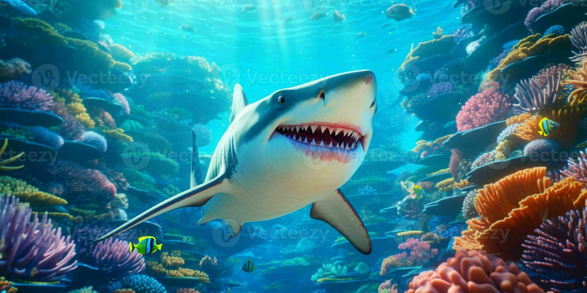 Smiling Shark Illustration Underwater in Cartoon Style. Fish Portrait. Generative AI photo