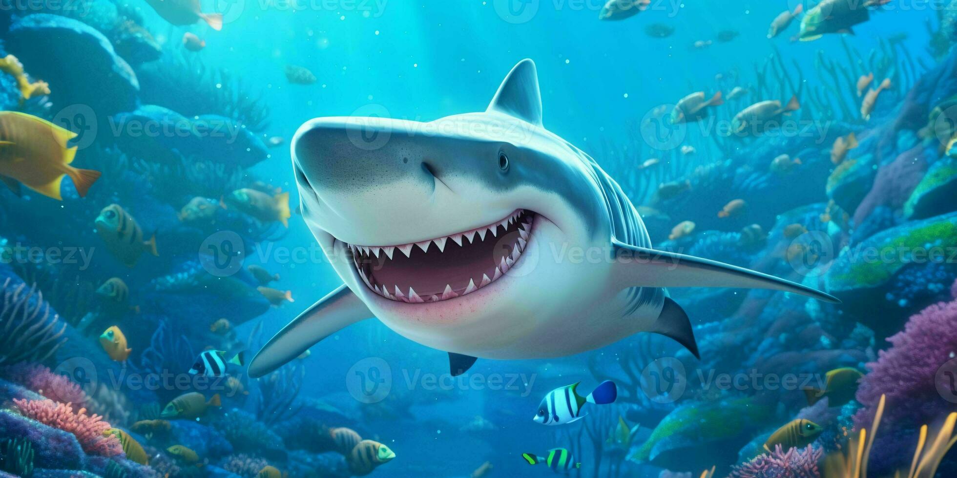 Smiling Shark Illustration Underwater in Cartoon Style. Fish Portrait. Generative AI photo