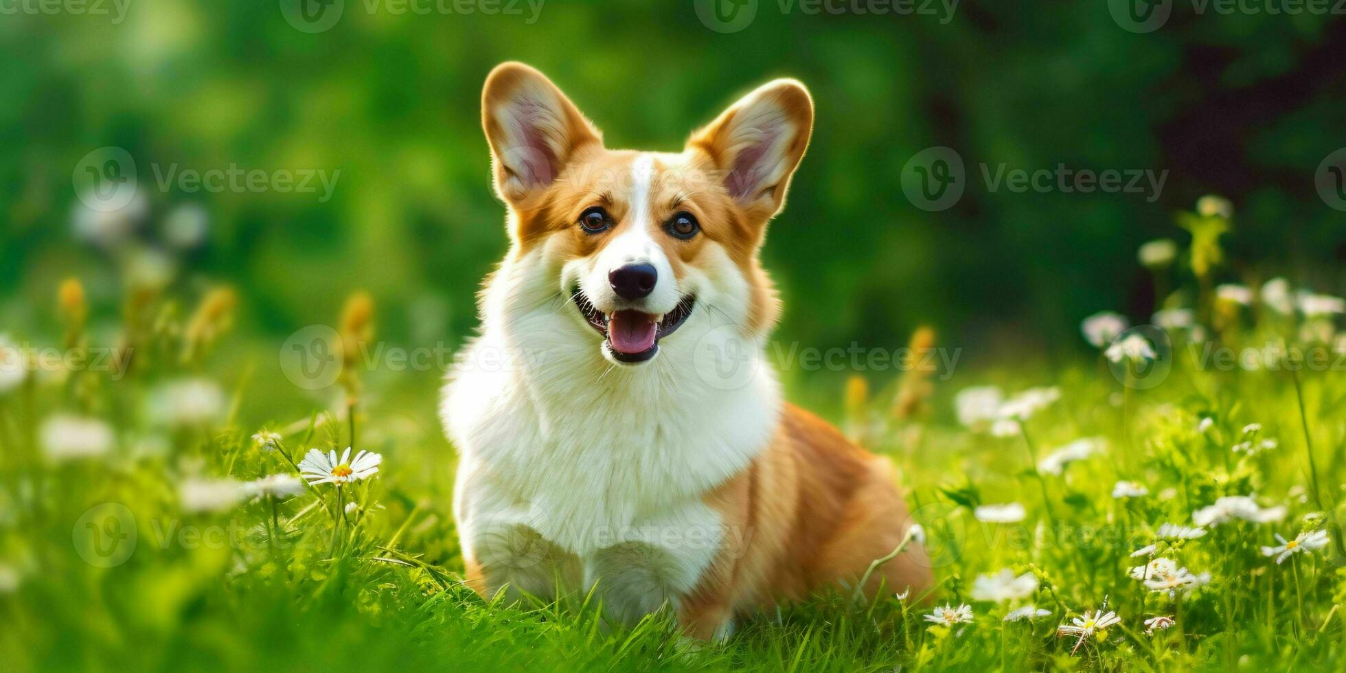 Welsh Corgi Dog on Grass Background. Portrait of Cute Dog in The Park. Generative AI photo