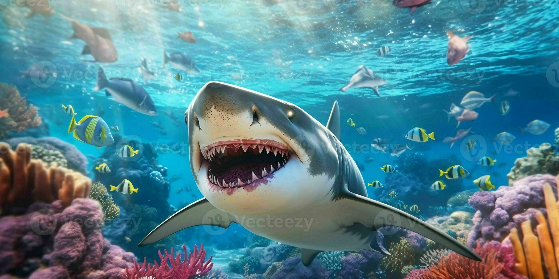 Smiling Shark Illustration Underwater in Cartoon Style. Fish Portrait. Generative AI photo