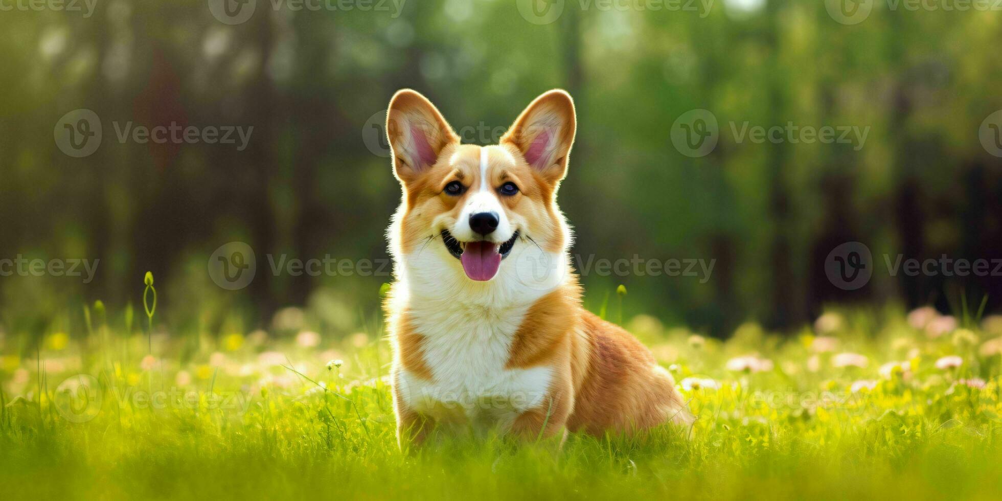 Welsh Corgi Dog on Grass Background. Portrait of Cute Dog in The Park. Generative AI photo