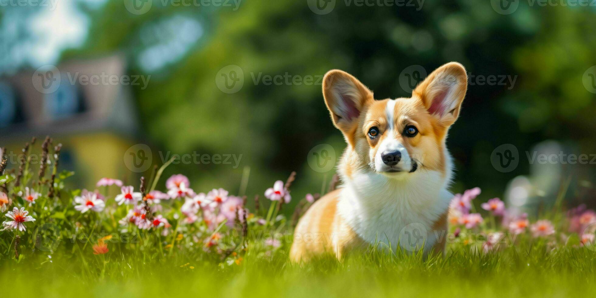 Welsh Corgi Dog on Grass Background. Portrait of Cute Dog in The Park. Generative AI photo