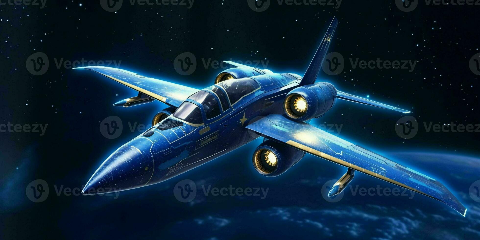 Fighter Jet Flying in a Blue Night Sky with Shining Stars. Generative AI photo
