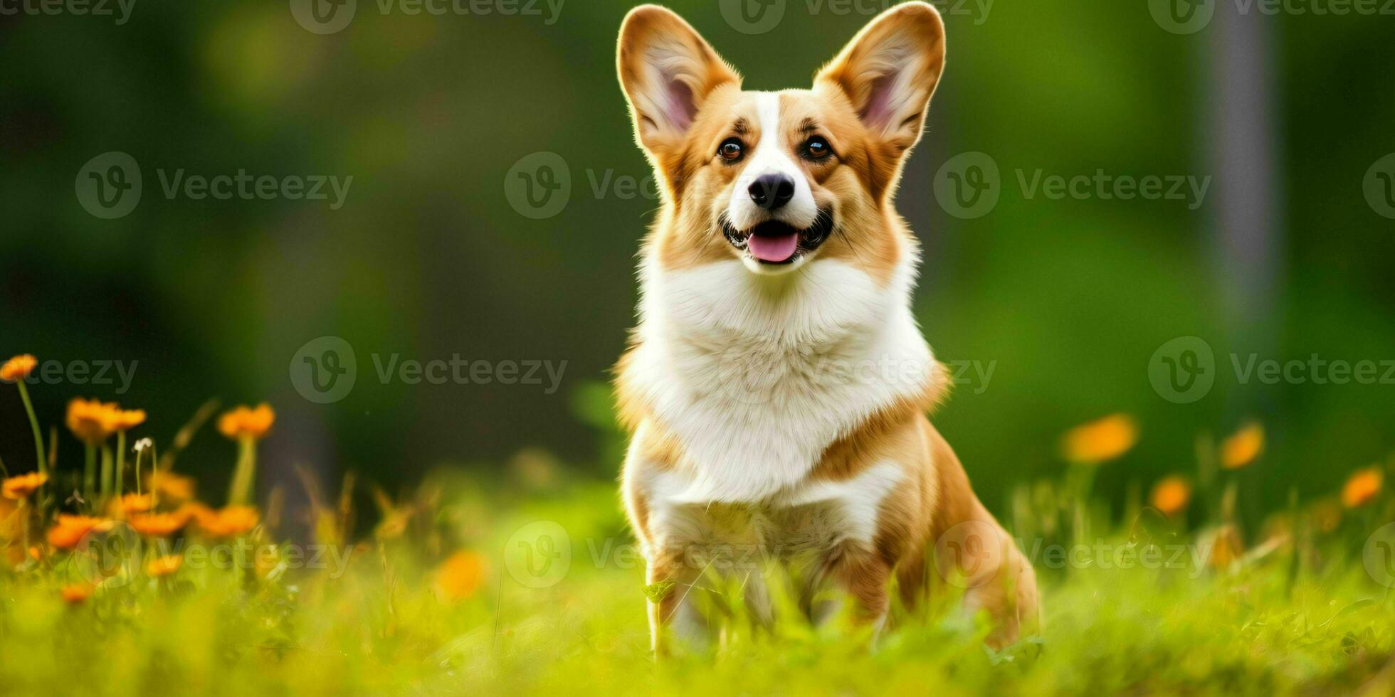 Welsh Corgi Dog on Grass Background. Portrait of Cute Dog in The Park. Generative AI photo