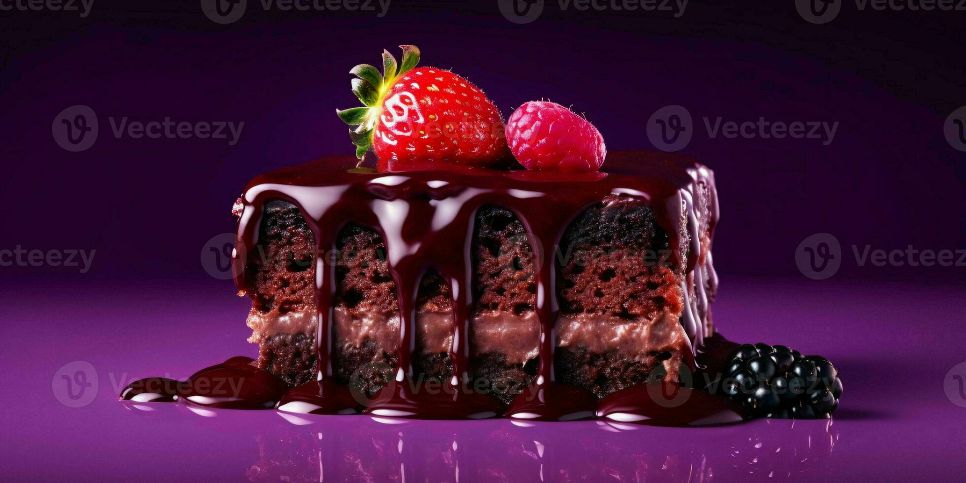 A Piece of Chocolate Cake with Melted Chocolate and Strawberries on Purple Background. Generative AI photo