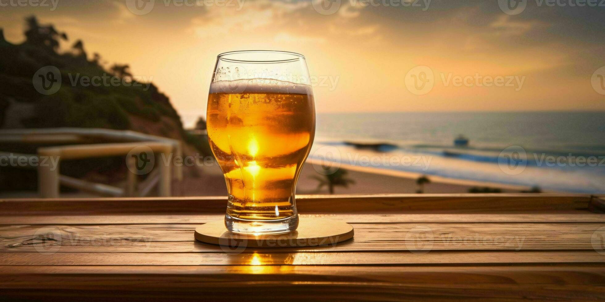 Fresh Beer on a Wooden Table with Beach View. Generative AI photo