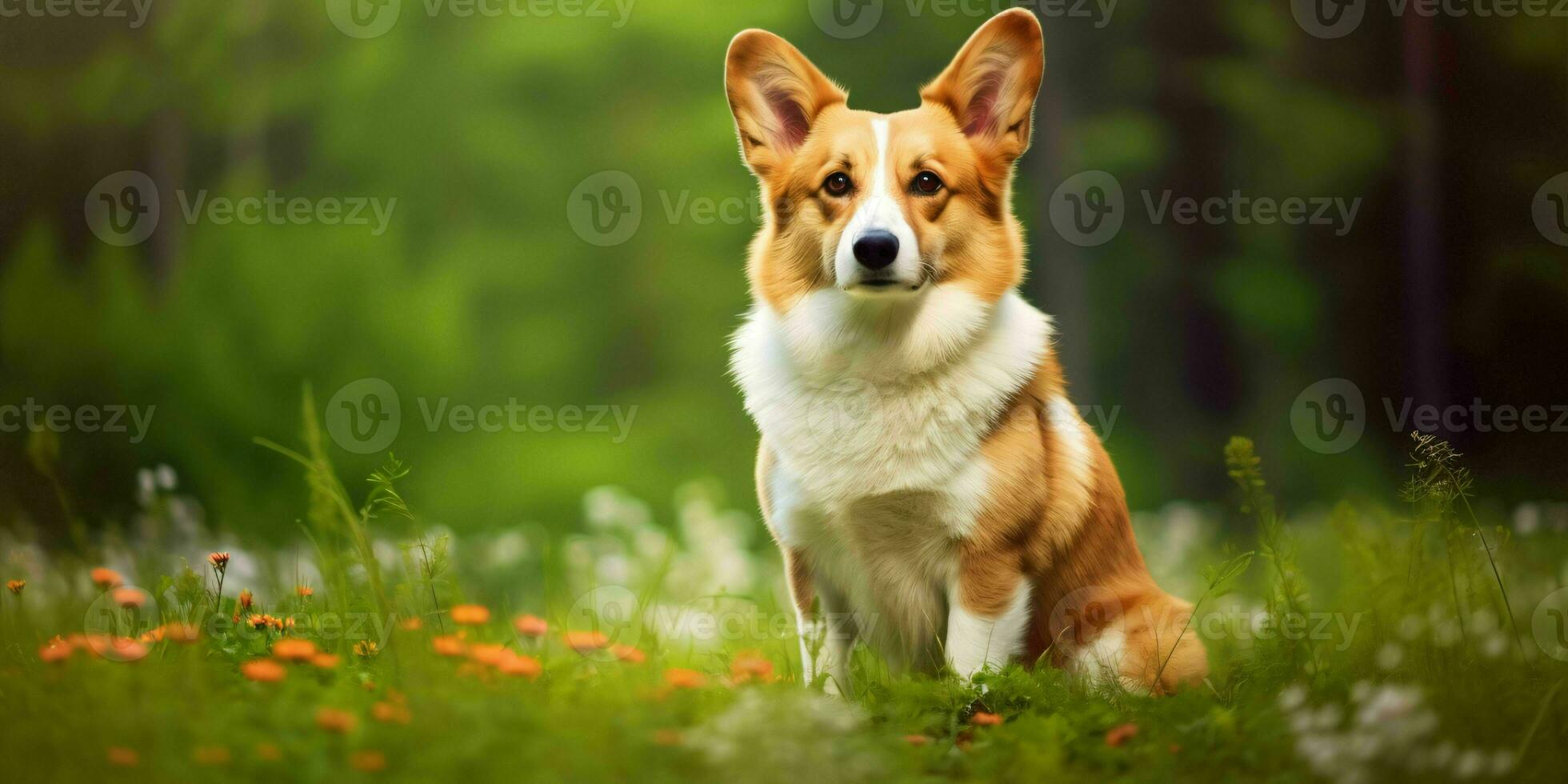 Welsh Corgi Dog on Grass Background. Portrait of Cute Dog in The Park. Generative AI photo