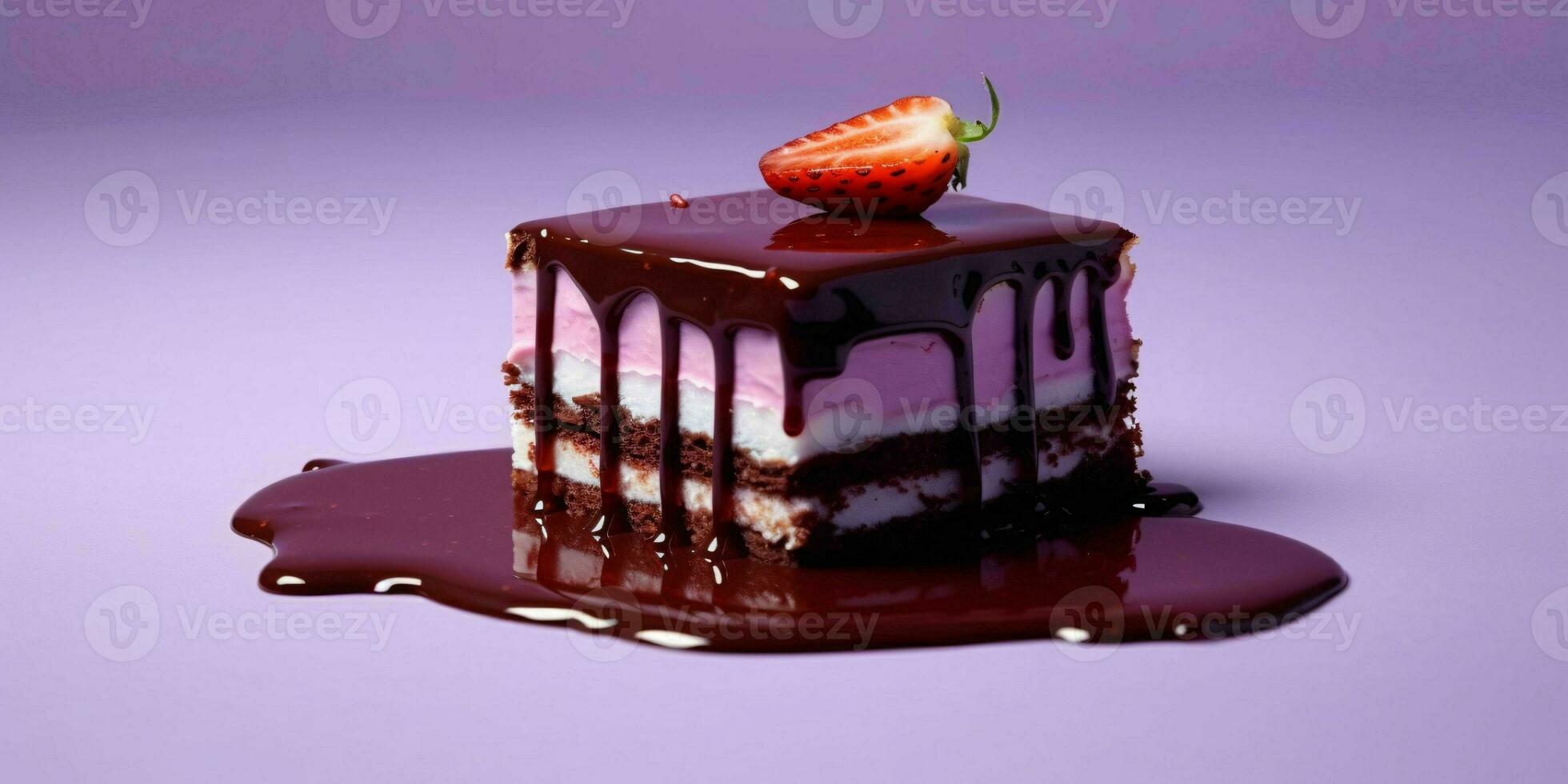 A Piece of Chocolate Cake with Melted Chocolate and Strawberries on Purple Background. Generative AI photo