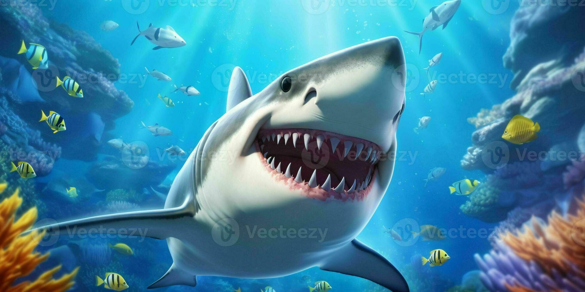 Smiling Shark Illustration Underwater in Cartoon Style. Fish Portrait. Generative AI photo