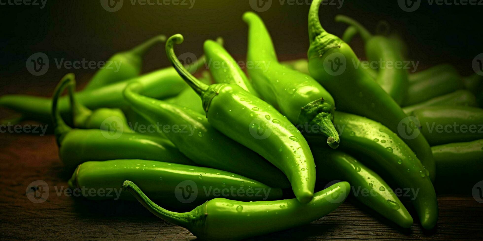 Fresh Green Cayenne Pepper with Water Droplets. Generative AI photo