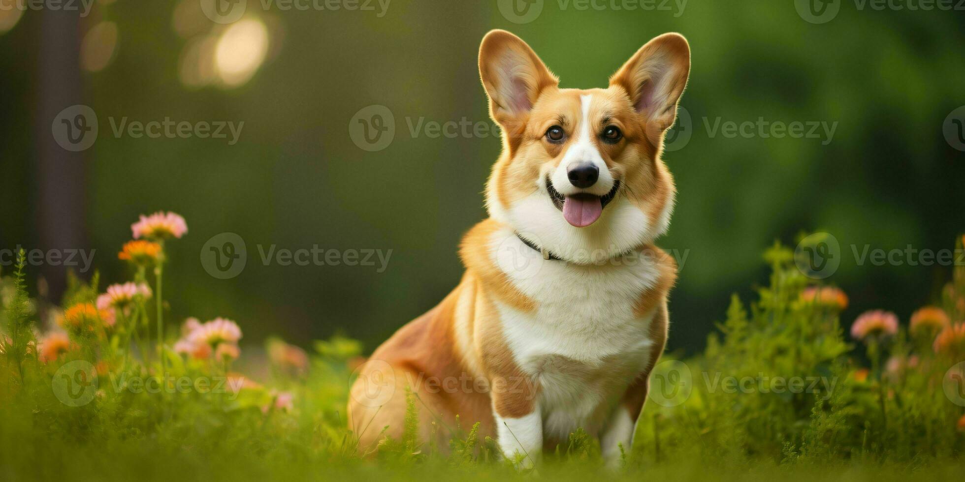 Welsh Corgi Dog on Grass Background. Portrait of Cute Dog in The Park. Generative AI photo