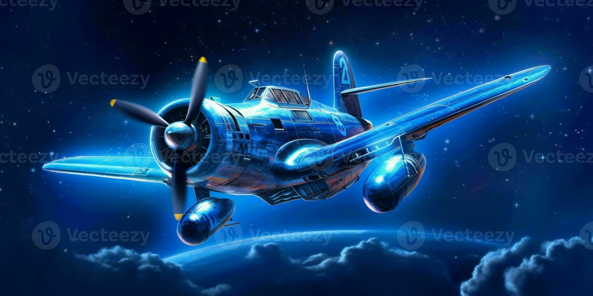 Fighter Jet Flying in a Blue Night Sky with Shining Stars. Generative AI photo