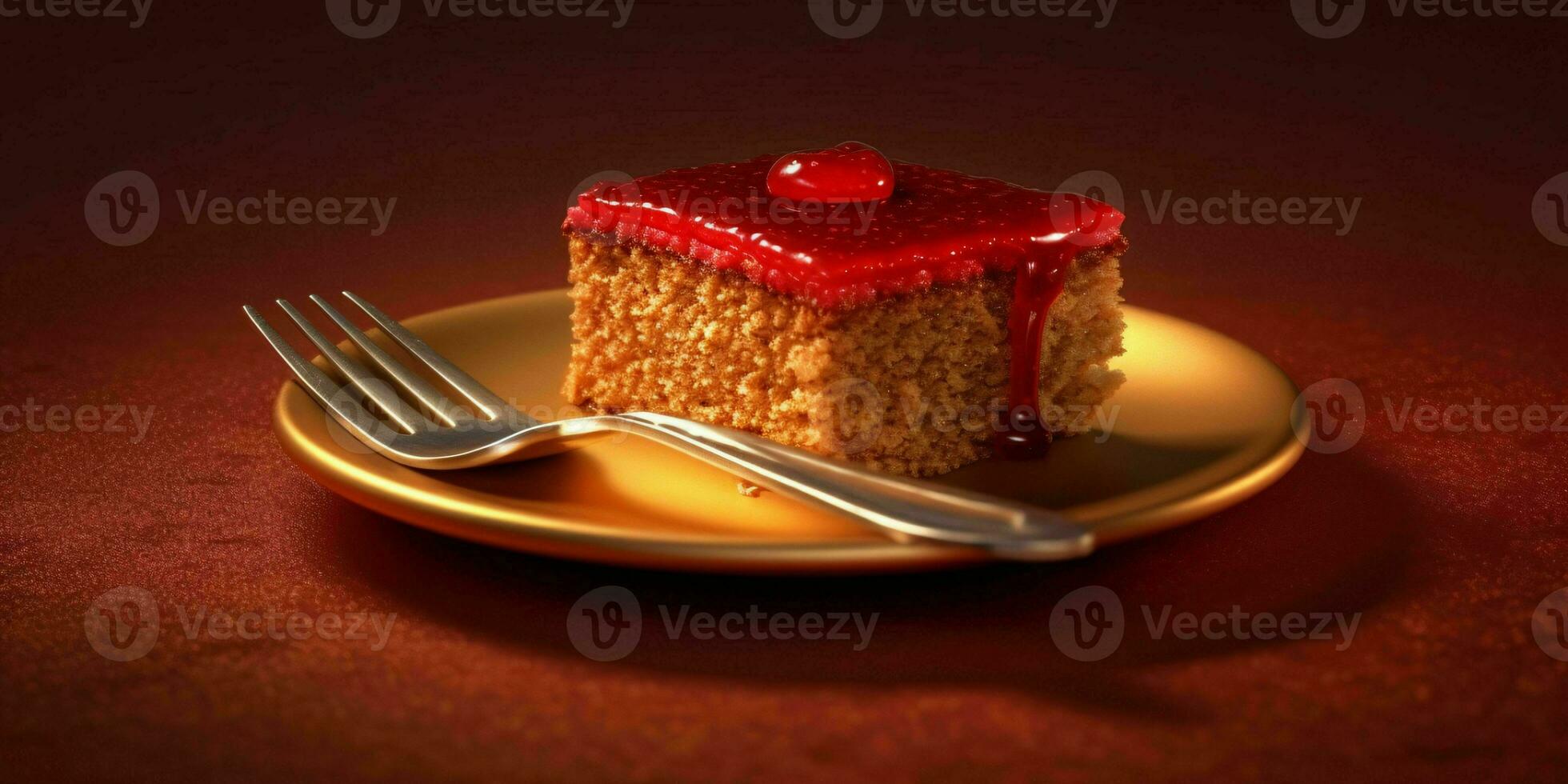 A Delicious Slice of Red Cake on a Golden Plate. Generative AI photo