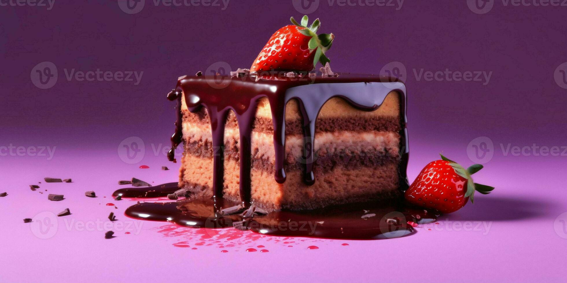 A Piece of Chocolate Cake with Melted Chocolate and Strawberries on Purple Background. Generative AI photo