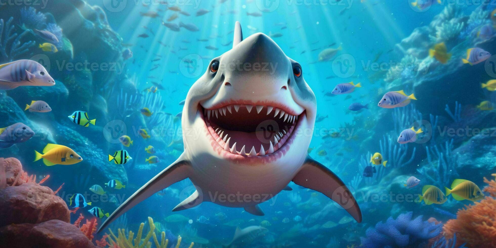 Smiling Shark Illustration Underwater in Cartoon Style. Fish Portrait. Generative AI photo