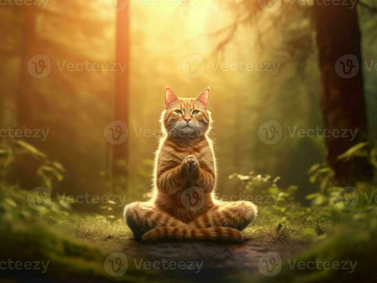 A Cat Meditates in the Forest. Cat with Namaste Pose. Generative AI photo