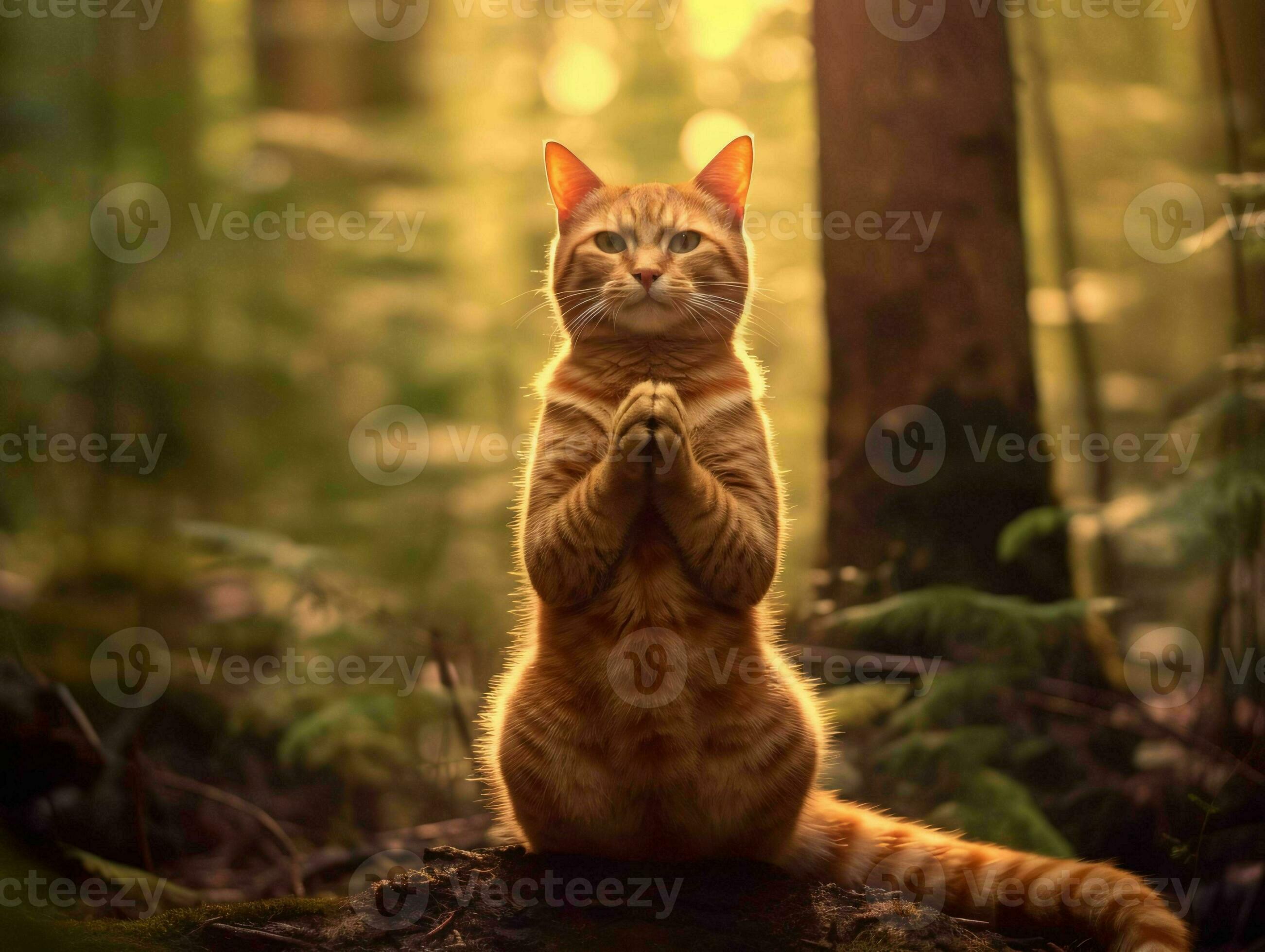 A Cat Meditates in the Forest. Cat with Namaste Pose. Generative AI