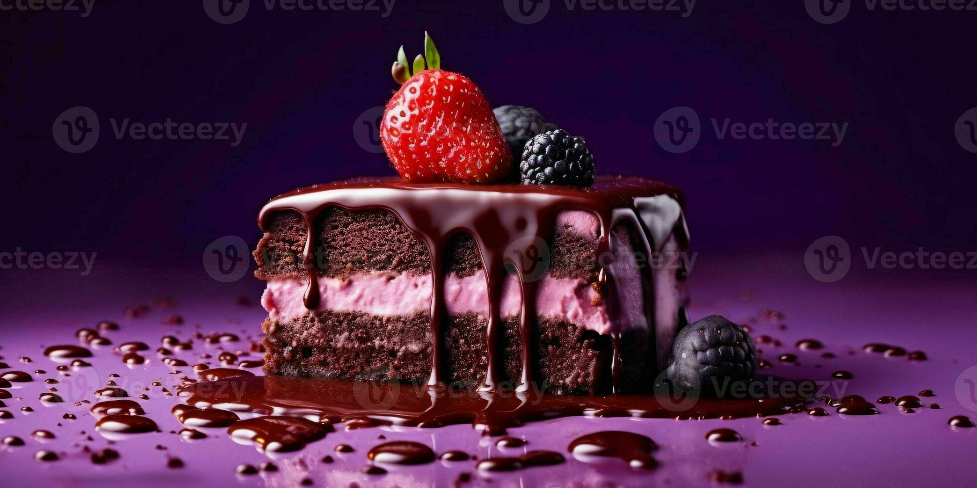 A Piece of Chocolate Cake with Melted Chocolate and Strawberries on Purple Background. Generative AI photo