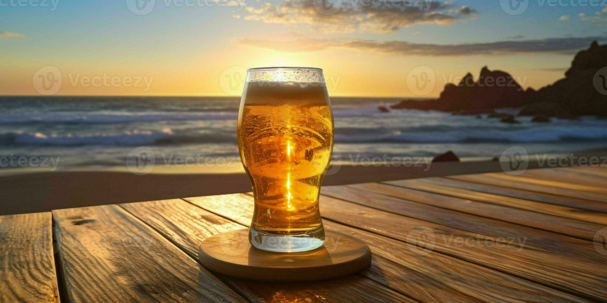 Fresh Beer on a Wooden Table with Beach View. Generative AI photo