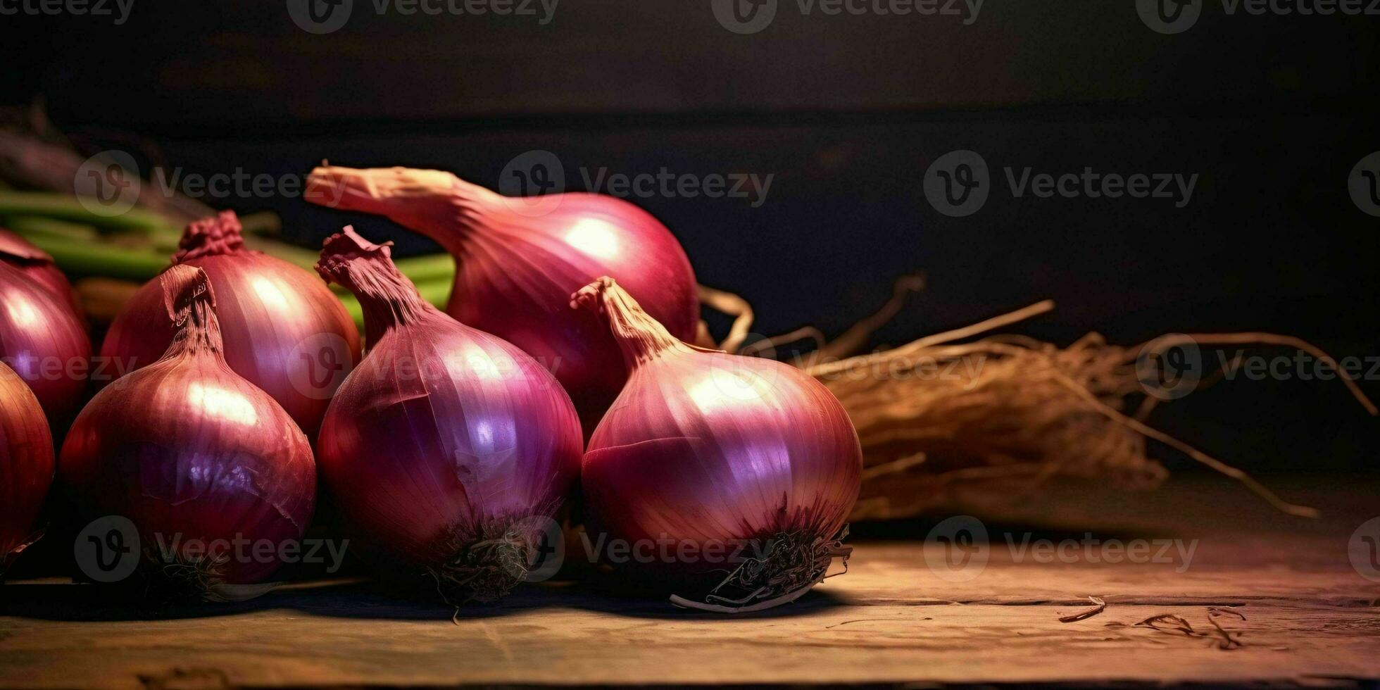 Red Fresh Onions on Wooden Table. Generative AI photo