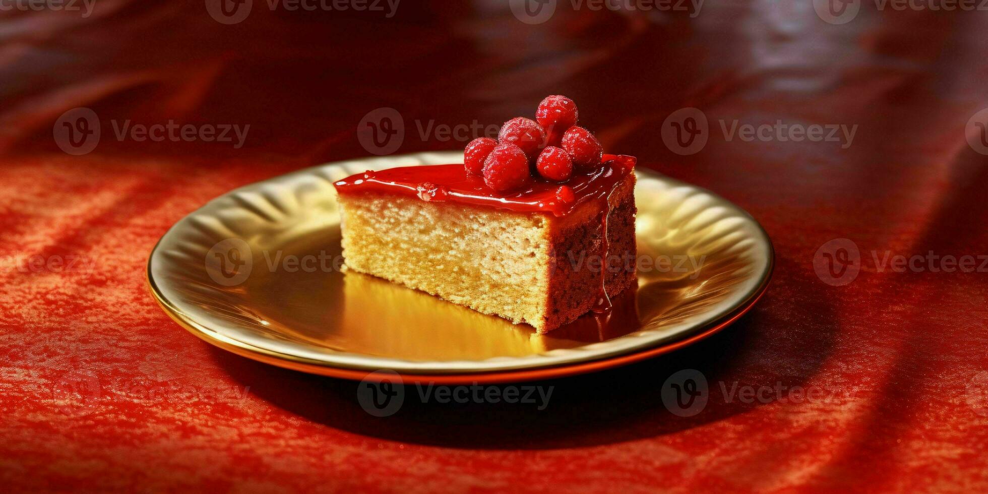 A Delicious Slice of Red Cake on a Golden Plate. Generative AI photo