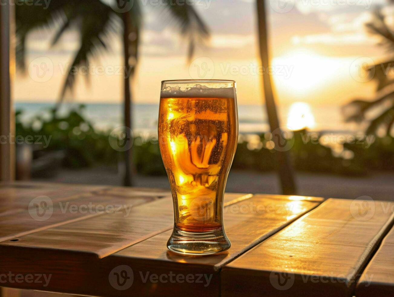 Fresh Beer on a Wooden Table with Beach View. Generative AI photo