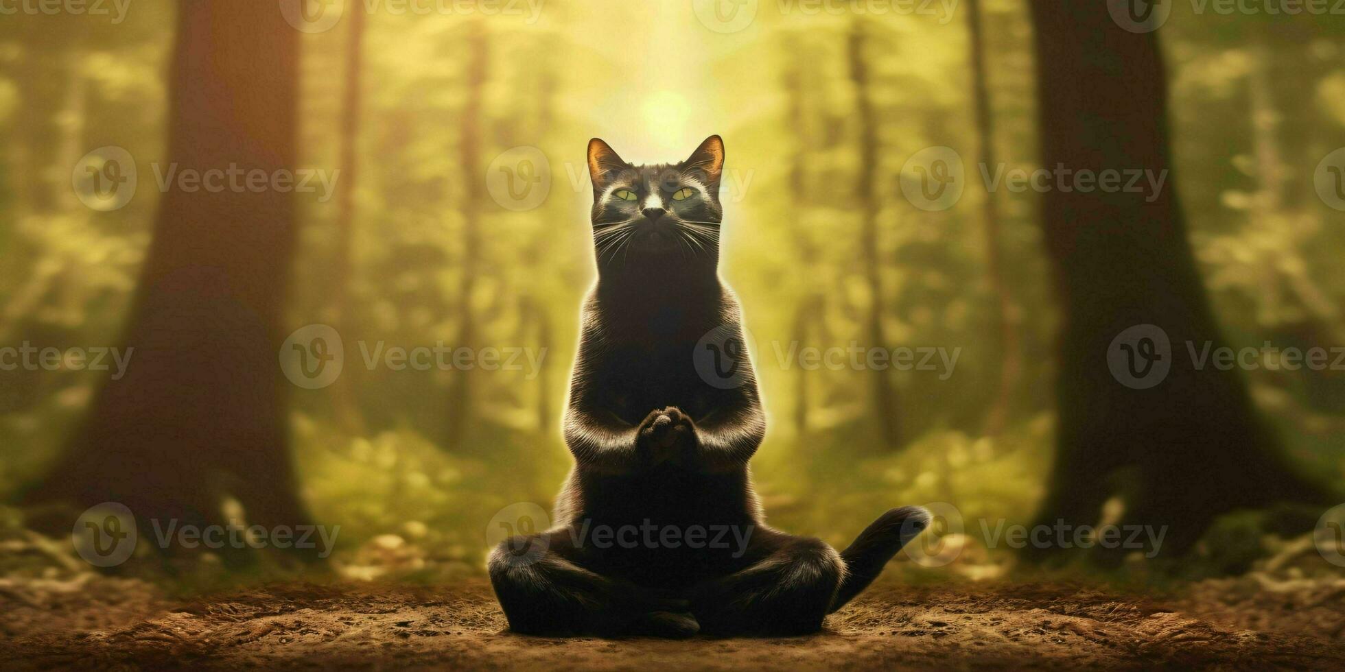 A Cat Meditates in the Forest. Cat with Namaste Pose. Generative AI photo