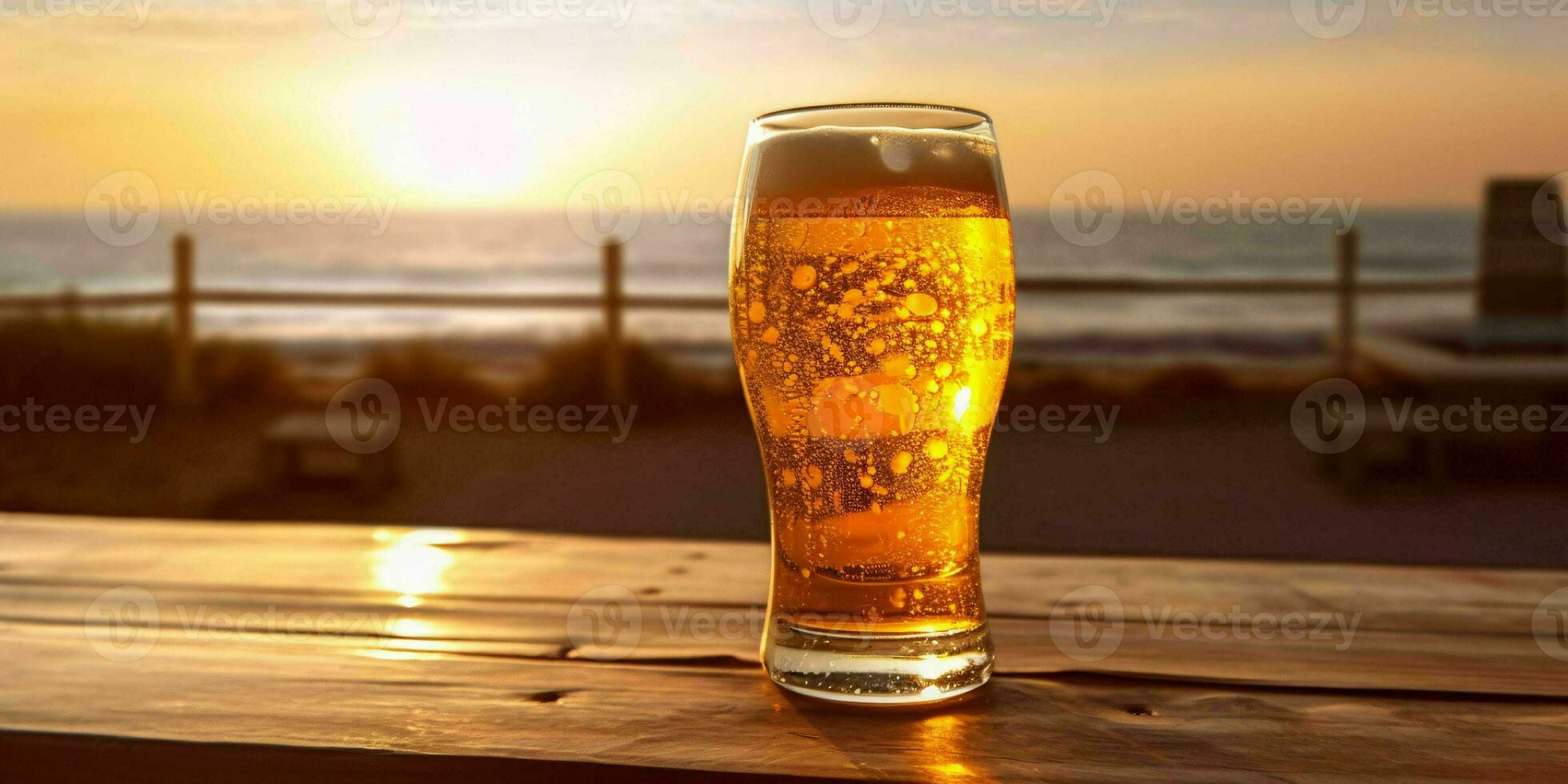 Fresh Beer on a Wooden Table with Beach View. Generative AI photo