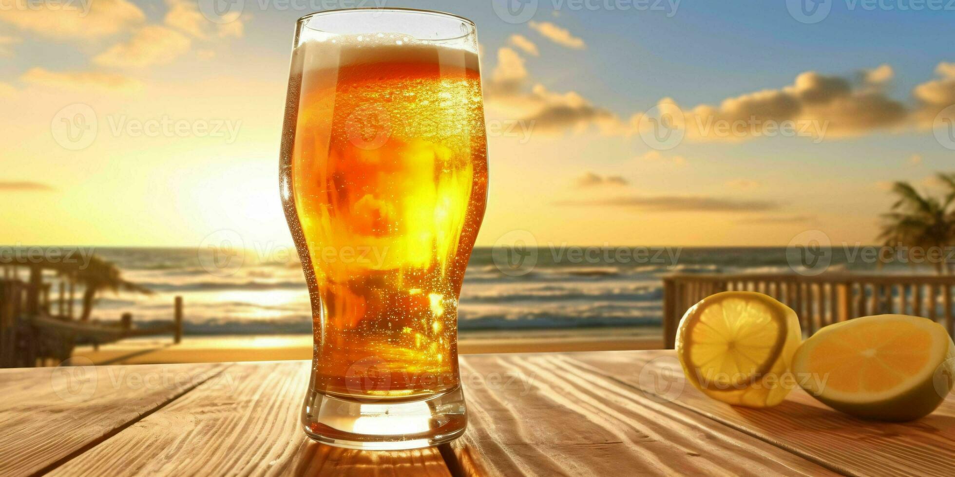 Fresh Beer on a Wooden Table with Beach View. Generative AI photo