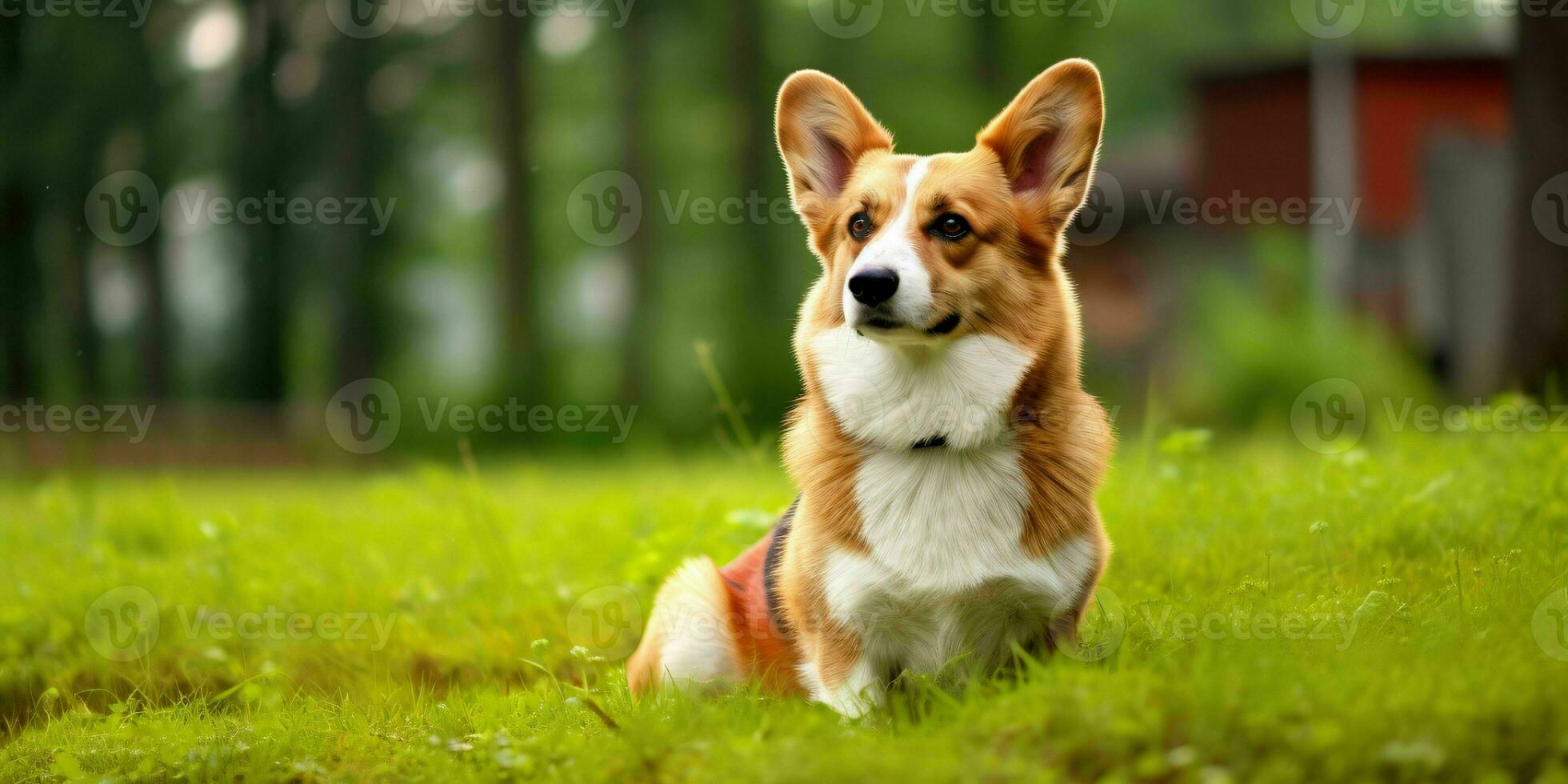 Welsh Corgi Dog on Grass Background. Portrait of Cute Dog in The Park. Generative AI photo