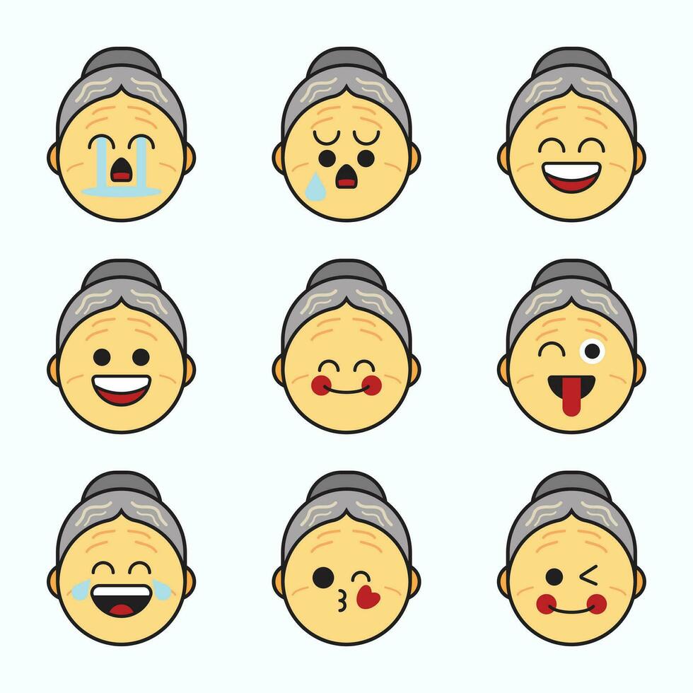 Grandma face emoticon icon set. vector