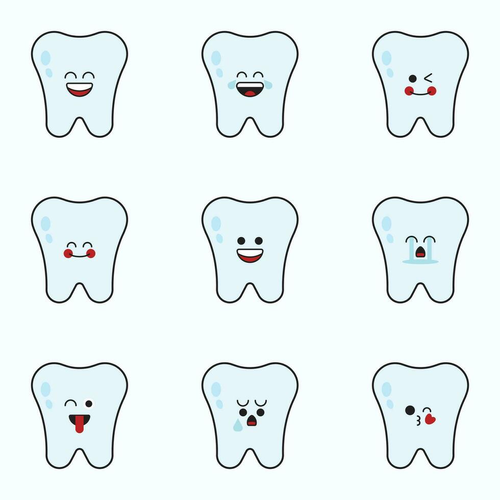 Emoticons with various cute tooth expressions icon set. vector