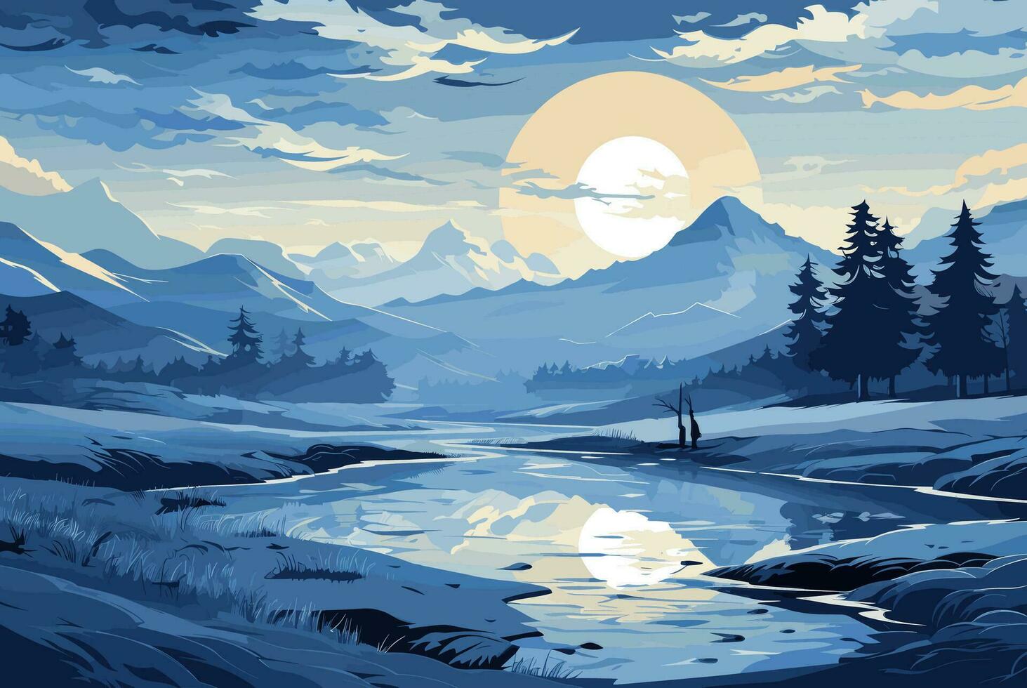 hand drawn flat design mountain landscape vector with the moon.