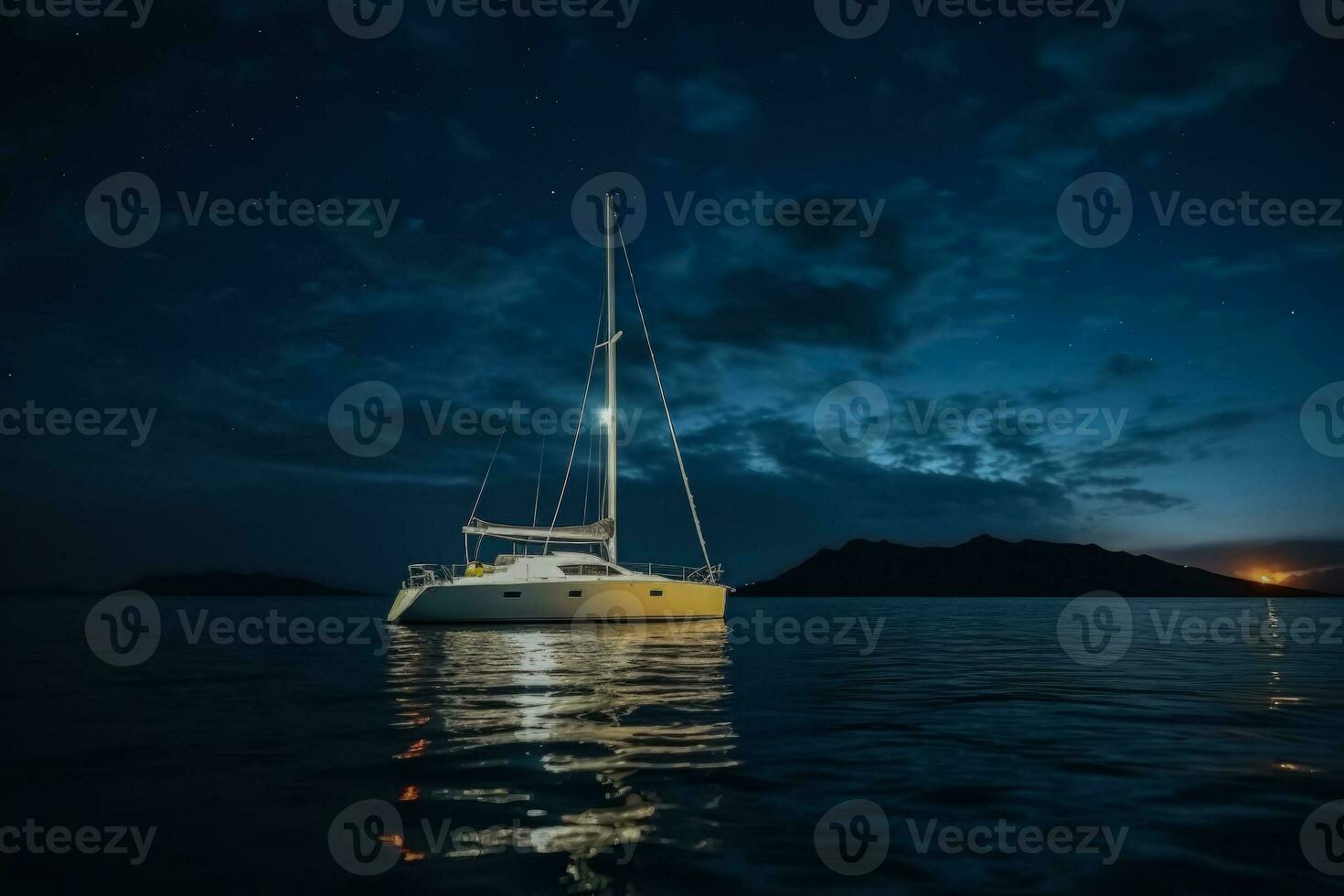 Luxury yacht sailing in warm waters on New Years Eve background with empty space for text photo