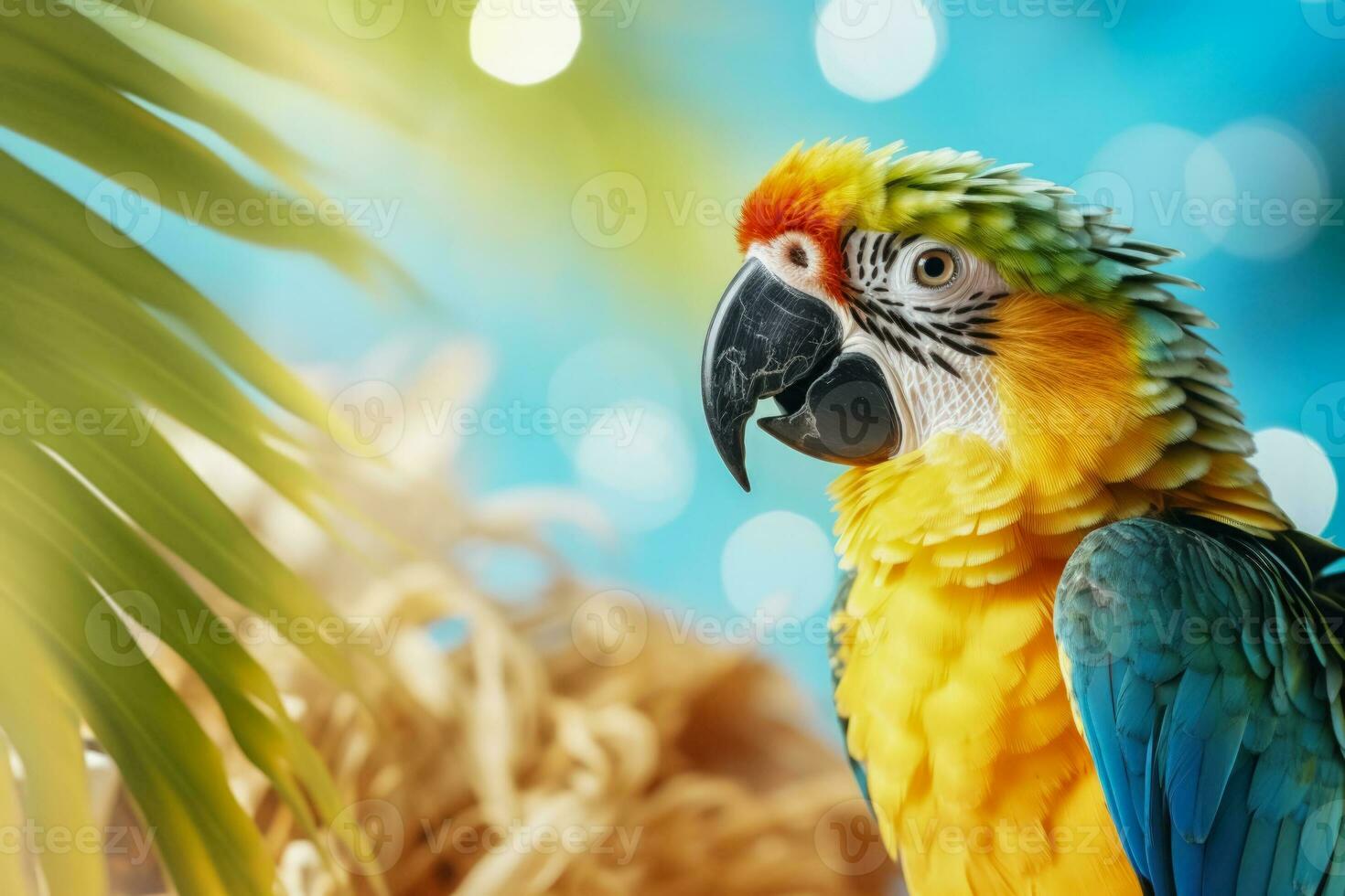 Tropical parrot with tinsel under palm tree background with empty space for text photo