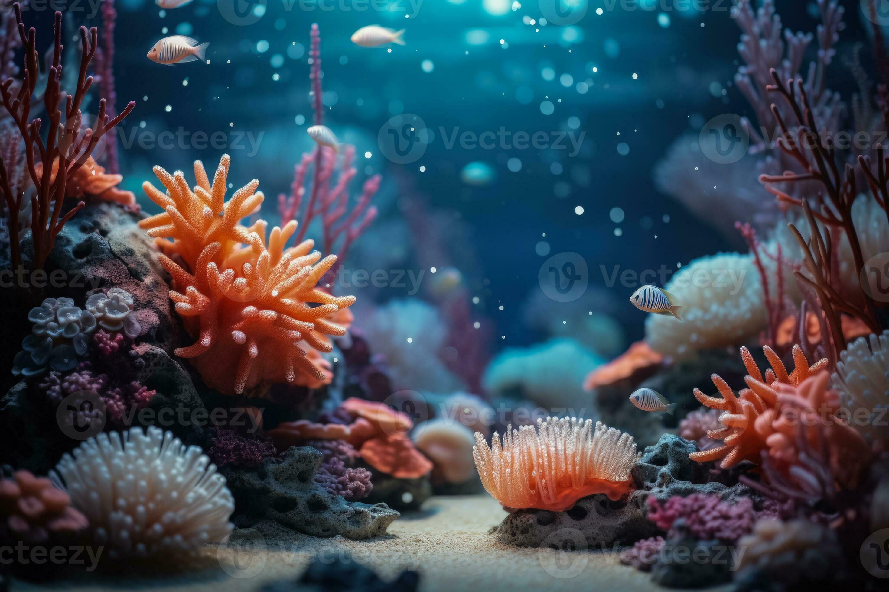 Underwater coral reef festooned with sparkling decorations for New